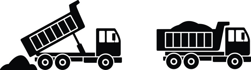 Dump truck silhouette set, construction transport vehicles, loading and unloading machinery icons, industrial hauling equipment, isolated black vector illustration, design © MstMonowara