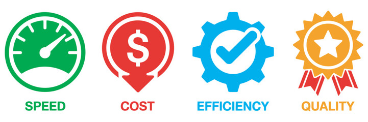 Obraz premium Quality speed efficiency cost management icon set, office icons, management symbols, efficiency, process, workflow, finance, performance, project, corporate