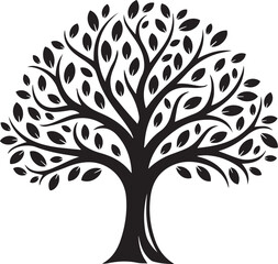 Fototapeta premium A minimalist black silhouette of a tree with sprawling branches and leaves on a white background