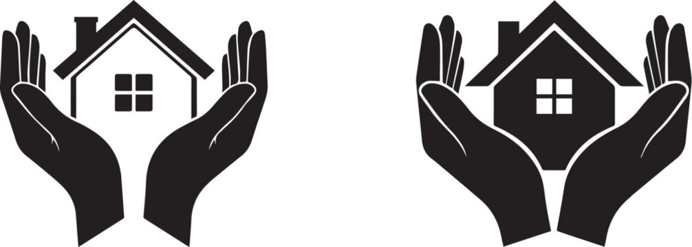 Two hands holding house and real estate logos in black and white