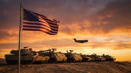 Fototapeta premium American flag flying over military tanks and aircraft at sunset. Patriotism and defense for country. Memorial Day, Veterans Day