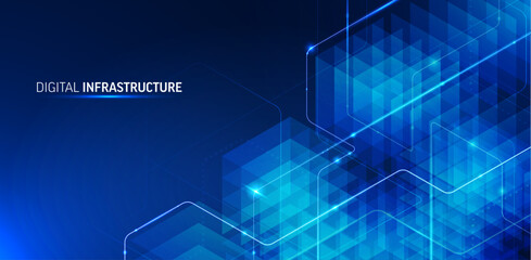 Isometric data technology network 3D vector illustration with digital server platforms and cubes connected by lines. Abstract cloud, AI blockchain infrastructure concept. Futuristic blue background