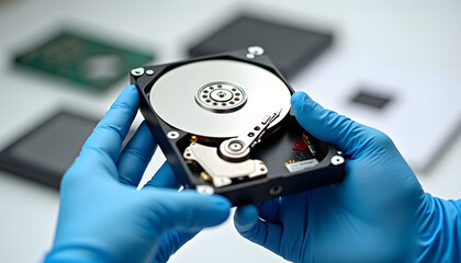 Obraz premium Close-up of hands in blue gloves holding an open hard disk drive for repair or inspection