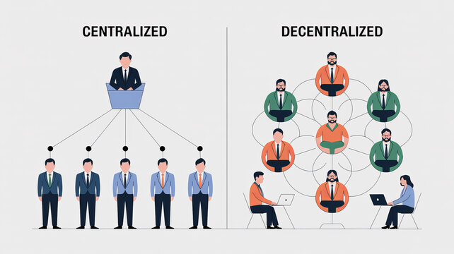 Centralized vs Decentralized: Visual representation contrasting centralized and decentralized systems, showing leadership and connectivity.