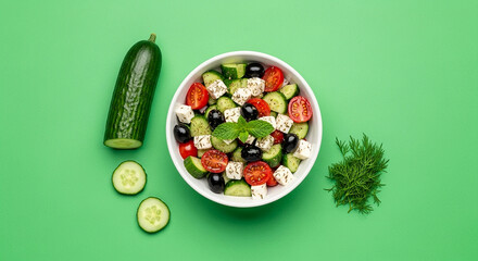 Fototapeta premium Fresh and vibrant Greek salad with feta cheese and cucumber, a healthy and delicious meal.