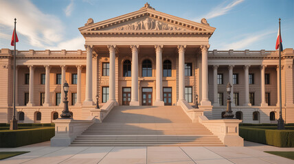 Obraz premium Architectural Grandeur: Majestic facade of a classical building with imposing columns and intricate details, bathed in the warm glow of the sun, invites a sense of history and enduring strength.