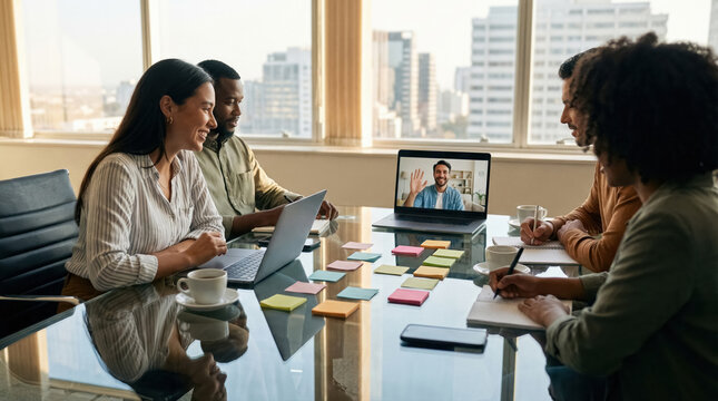 Diverse team in a meeting with remote colleague on laptop. Hybrid collaboration, video conference, brainstorming with sticky notes, modern office teamwork, remote work and virtual meeting