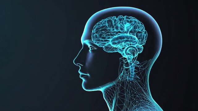 A man's head is shown in a blue and green color. The head is shown in a 3D format, and it is a brain. Concept of depth and realism, making it look like a real brain