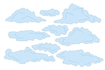 Cartoon blue clouds set with outline. 