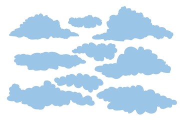 Collection of blue cloud silhouette illustration. Set of cartoon clouds in flat design.