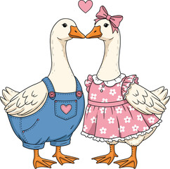 Cute Goose Couple in Love Wearing Overalls and Dress, Romantic Valentine’s Day Cartoon Illustration  © kaziashabul24