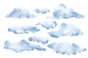 Collection of blue watercolour cloud illustration. Different cloud shapes and forms.