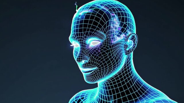 A woman's face is shown in a blue and green color scheme. The image is a computer-generated rendering of a human face. The woman's face is smiling, and her eyes are open