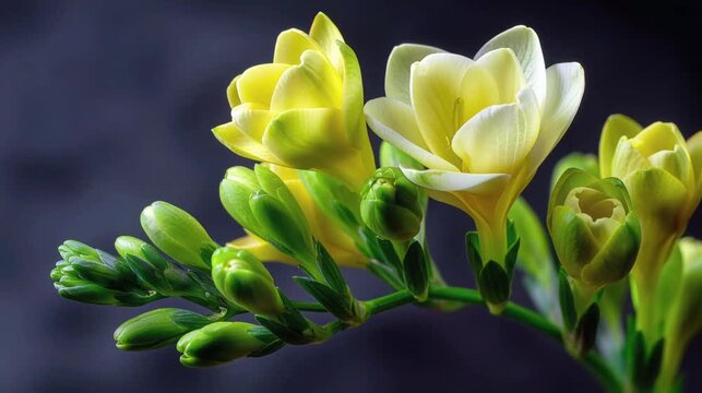 Delicate yellow freesia flowers bloom against a dark background. Blooming yellow freesia. Concept of rebirth and the arrival of spring. End of winter. Time-lapse video.