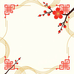 Obraz premium Lunar New Year greeting card template with golden lines and red ornaments.