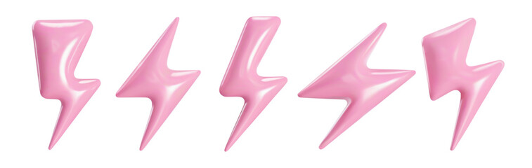 3d lightning vector pink flash icon set in realistic plastic style isolated