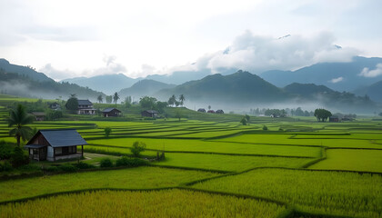 Obraz premium Serene rural Japan landscape with rice fields, small houses, and misty mountains. Generative AI.