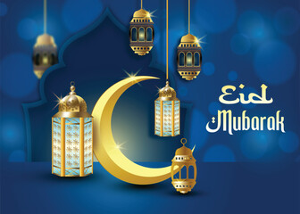 Eid Mubarak Greeting Card with Golden Moon and Lanterns