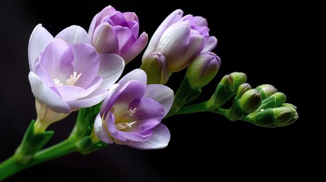 Delicate purple freesia flowers bloom against a dark background. Blooming yellow freesia. Concept of rebirth and the arrival of spring. End of winter. Time-lapse video.