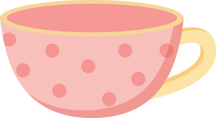 Pink polka dot tea cup isolated on white background, pastel flat illustration for cozy kitchen concept