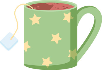 Green mug with stars and tea bag isolated on white background, pastel flat illustration for cozy home concept
