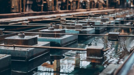 electroplating. Electroplating workshop with cathode rods moving over chemical baths. safety posters, maintenance manuals, designed for industrial assembly lines and welding operations.
