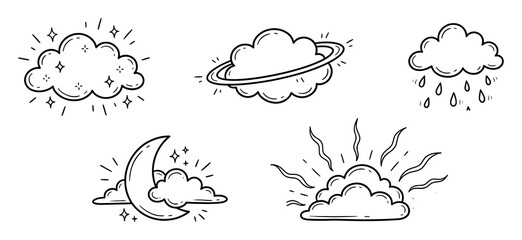 Obraz premium Hand-drawn glow clouds doodle sticker Set.