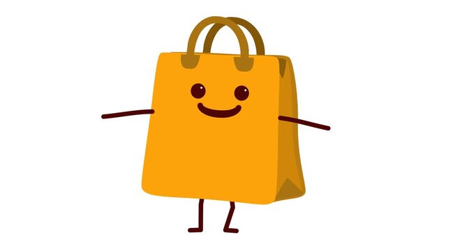 HD video of cute and friendly shopping bag character with discount or promotion text. Ideal for eCommerce promotions, sales campaigns, online shopping ads, social media marketing, seasonal discounts, 
