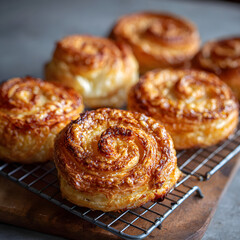 Fresh Baked Puff Pastry Spiral Rolls Cooling on Wire Rack