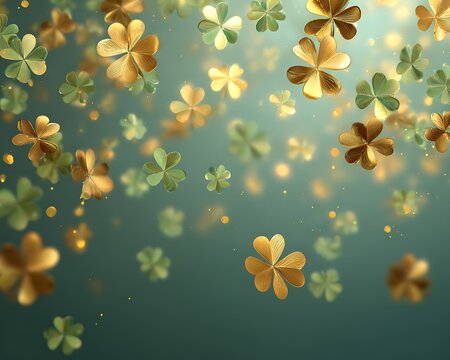 Golden and green clovers falling against a teal background