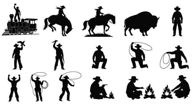 Mega set of wild west silhouettes featuring cowboys riding horses lassoing cattle bison steam train and pioneers sitting by campfire for western heritage design (24 words)
