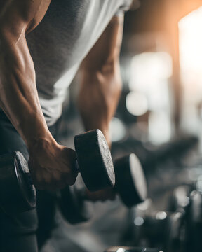 Athlete training with dumbbell in gym close up, strength and fitness concept