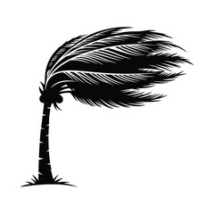 Black and white illustration of a palm tree bending in strong wind
