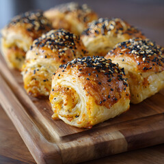 Close-Up of Savory Puff Pastry Rolls with Black Sesame on Wooden Board