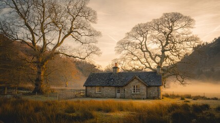 Fototapeta premium grampian. An ancient stone cottage sits in a misty valley during the golden hour. travel magazines, destination branding, designed for outdoor magazines and nature guides, inspires travel planning. 