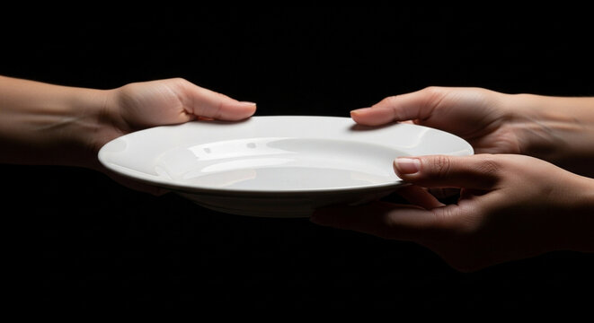 Two hands holding an empty white plate on a dark black background
