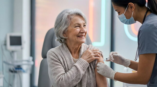 Happy senior woman receiving vaccine injection from nurse in face mask. Elderly patient getting flu shot at medical clinic