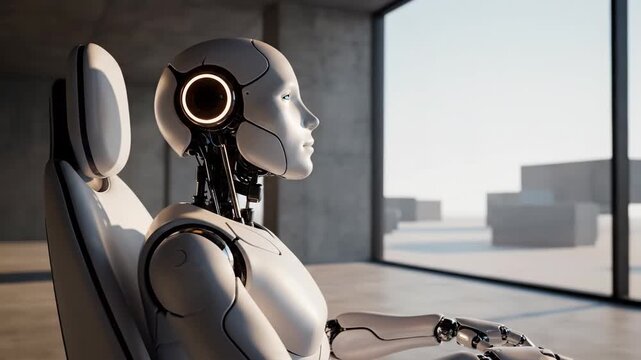 A sentient robot looking out of a window contemplating its existence