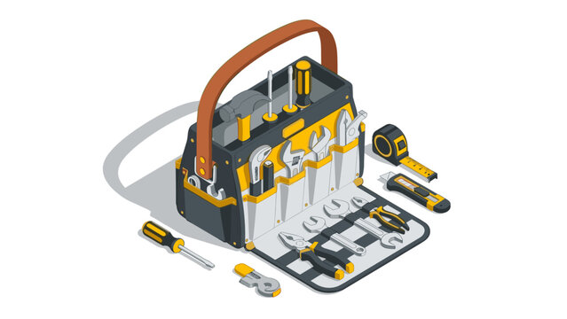 Isometric toolbox with tools on white background for diy projects