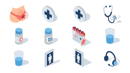 Fototapeta premium Isometric medical icons: healthcare, pharmacy, and wellness symbols