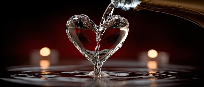 Champagne pours into a heart shape creating a splash on a red background in high resolution with clear details and soft lighting