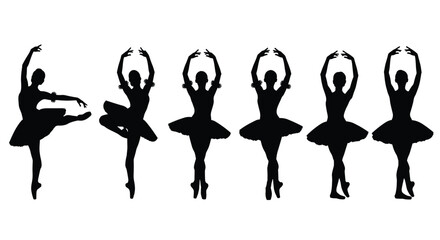 Set of elegant black ballerina silhouettes in various classical dance poses including arabesque and pirouette for theater performance and ballet school graphic design (24 words) © MstRupali