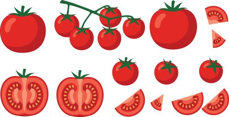 Fresh Tomato Illustration Vector Set with Whole Cherry Tomatoes on Vine Sliced Tomato Halves and Juicy Red Vegetable Elements © MdNazmul
