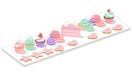 Colorful dessert assortment with cupcakes, macarons, and cookies