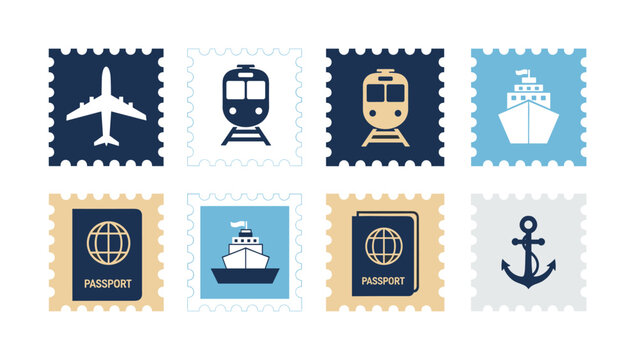 Travel icons set: airplane, train, ship, passport, and anchor in minimalist postage stamp style