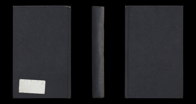 Set of black hardcover book cover front back and side views mockup on black background