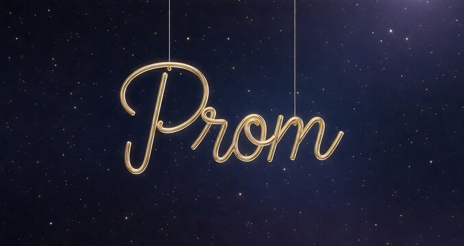 A glittering golden prom script hangs suspended against a dark blue starry background evoking a sense of celebration and anticipation high quality professional detailed modern elegant