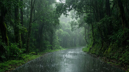 Wet Forest Road in Heavy Rain with Lush Green Trees image photo © MDTOFIZ
