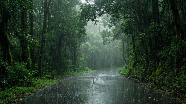 Wet Forest Road in Heavy Rain with Lush Green Trees image photo