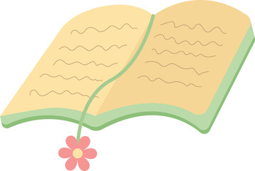 Open book with bookmark isolated on white background, pastel flat illustration for reading and education concept
